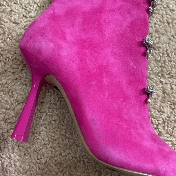 Gianni Bini NEW pink suede booties ankle boots rhinestone bow heels size 5 - Picture 7 of 12
